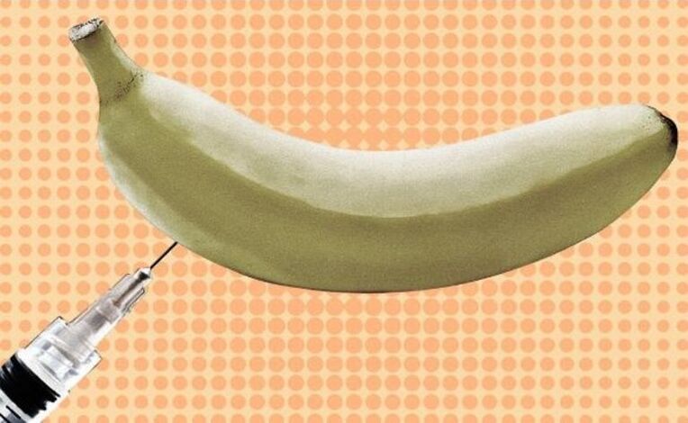 Agrandamiento del pene mediante inyección usando un plátano como ejemplo